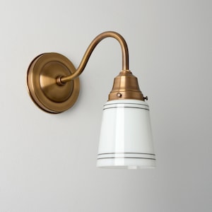 Gooseneck Wall Sconce - White Glass Cup Shade - Hand Painted Lines - Brass Wall Lamp - Kitchen Lighting