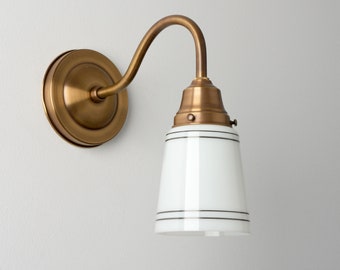 Gooseneck Wall Sconce - White Glass Cup Shade - Hand Painted Lines - Brass Wall Lamp - Kitchen Lighting