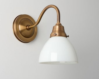 6" White Glass Shade - Gooseneck Wall Sconce - Task Lighting - Brass Wall Lamp - Kitchen Lighting - Handblown in the USA