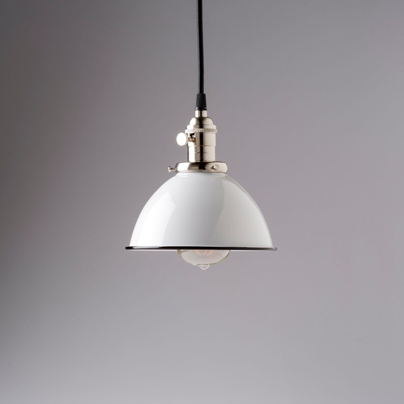 White Vintage Industrial Porcelain Enamel Dome Shade Pendant Image 0