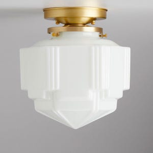 Art Deco - flush mount - ceiling fixture -  skyscraper -  Brass light fixture - White  glass
