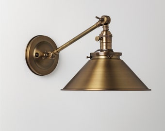 Sconce Lighting with Spun Brass Shade Adjustable Arm Fixture