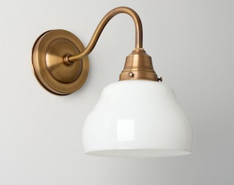 Gooseneck Wall Sconce - White Glass Gourd Shade - Task Lighting - Brass Wall Lamp - Kitchen Lighting