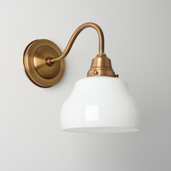 Gooseneck Wall Sconce White Glass Gourd Shade Task Lighting Brass