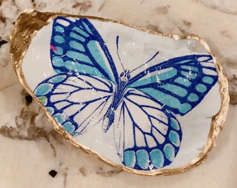 Butterfly - Oyster Shell Ring Dish Decoupage Gold Leaf Trinket Bowl Gift