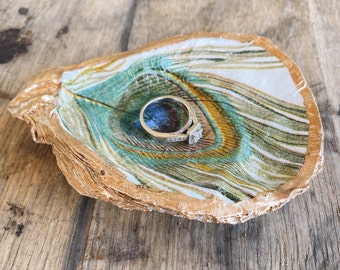 Peacock - Oyster Shell Ring Dish Decoupage Gold Leaf Trinket Bowl Gift Bridal Wedding Special Unique Gift Nautical Birthday