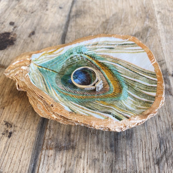 Peacock - Oyster Shell Ring Dish Decoupage Gold Leaf Trinket Bowl Gift Bridal Wedding Special Unique Gift Nautical Birthday