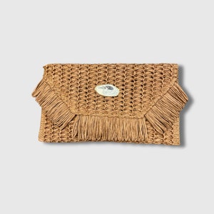 Straw Oyster Shell Clutch Purse in Brown