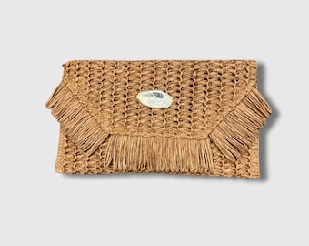Straw Oyster Shell Clutch Purse in Brown