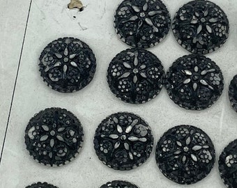 Antique Victorian Vintage Blackened Pewter Floral Buff Cut Steel Flower Dome Metal Button Buttons / 1/2"