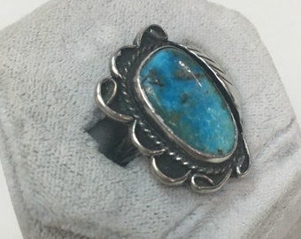 Vintage 1970s Navajo Turquoise Sterling Silver Applique Leaves Ring / 70s Statement Ring / Size 6