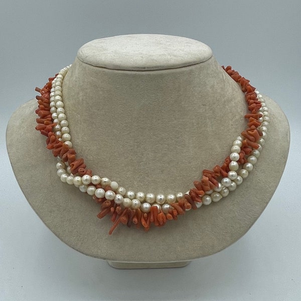 Vintage 1950s 1960s Orange Red Branch Coral Freshwater Pearl Mid Century Necklace / 50s 60s Coral Choker Costume Jewelry