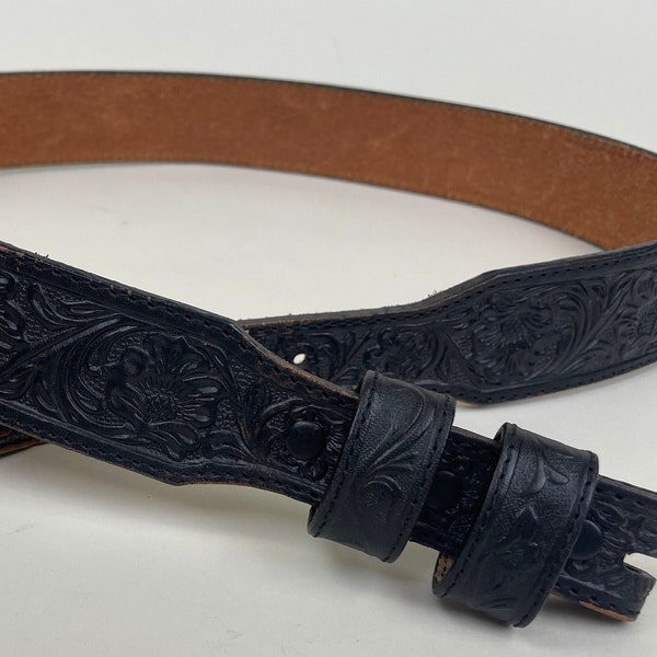 Vintage Black Tooled Leather Art Nouveau Floral Flower Western Belt / Made in USA Cowboy Belts / Waist Size 34 1/2" - 37 3/4"