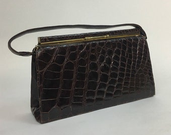 Vintage 1950s Brown Leather Aligator Crocodile Handbag Top Handled Prado Purse / 50s Brown Purse