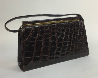 Vintage 1950s Prado Alligator Leather Handbag: Brown Top Handle Purse