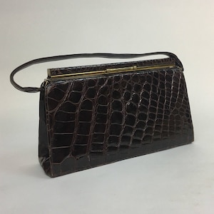 Vintage 1950s Brown Leather Aligator Crocodile Handbag Top Handled Prado Purse / 50s Brown Purse