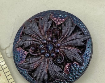 Victorian Black Glass Iridescent Carnival Luster Floral Button