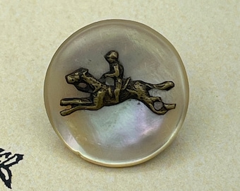 Antique Vintage Escutcheon Horse Racing Equestrian Shell Pictorial Button / 5/8"