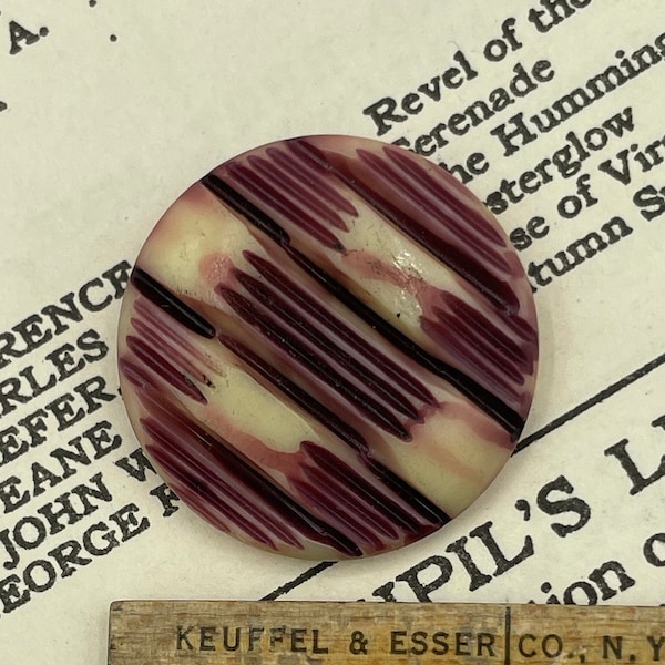 Vintage 1930s Eggplant Purple Ivory Buff Celluloid Stripe Basket Weave Button / 30s Coat Buttons / 1"