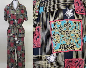 Vintage 1940er Jahre Rayon Lounge Set: Geometrische Print Palazzo Hose