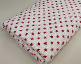 Vintage 1950s Red Stars White Cotton Terry Cloth Fabric / 50s Fabric