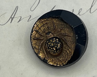 Antique Vintage Spider Web Black Glass Gold Luster Button / Victorian Bug Insect Realistic Picture Pictorial Button