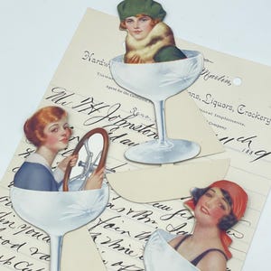 Set 3 Vintage 1930er Jahre Deko Frauen Champagner Glas Brunch Mittagessen Tischkarte Einstellung
