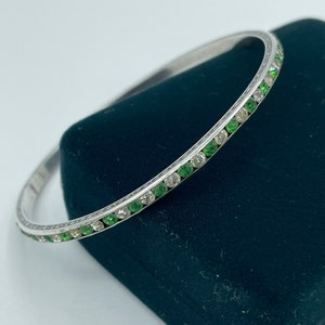 Vintage 1920s 1930s Sterling Silver Emerald Green Rhinestone Thin Bangle Bracelet / 20s 30s Art Deco Bangles Jewelry
