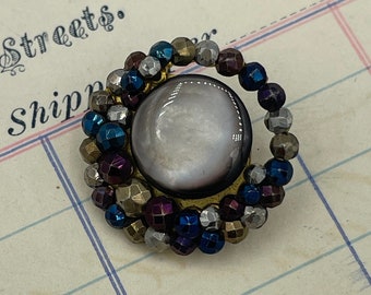 Antique Abalone Gray Pearl Shell Crescent Moon Colored Cut Steels Heavenly Bodies Button / 3/4"