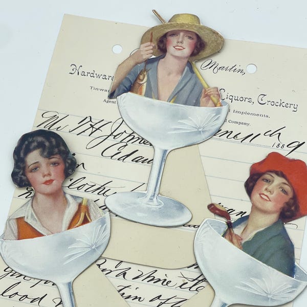 Set 3 Art Deco Women Champagne Glass Brunch Lunch Place Card Setting
