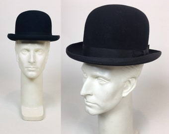 Vintage 1920s Black Wool Beaver Fur Felt Bowler Hat / Size 6 7/8