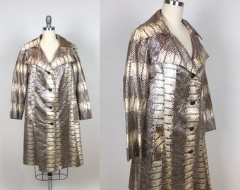 Vintage 1970s Snakeskin Print Coat Jacket / Vintage 70s Brown White Print Midi Raincoat / Royal Mist