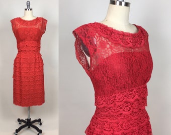 Vintage 1950s Red Lace Wiggle Dress / 50s Sexy Sheer Red Pencil Holiday Party Dress