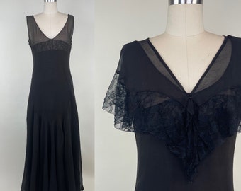 Vintage 1920s Art Deco Silk Chiffon Black Handkerchief Dress Lace Capelet / 20s Drop Waist Sleeveless Tank Scarf Dress