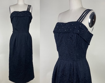 Vestido de cóctel vintage de encaje negro de los años 50: vestido de fiesta con escote en forma de corazón y diamantes de imitación