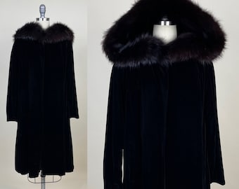 Vintage 1950s Black Velvet Fur Hooded Cape Bullocks Evening Coat / 50s Fur Collar Hood Swing Jacket