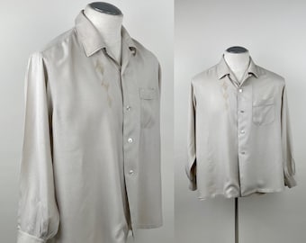 Vintage 1950s Mens Rayon Shirt / 50s Kentfield Long Sleeve Oxford Woven Diamond Shirt / Size XL