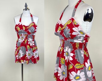 Vintage 1940s Hawaiian Halter Top Romper Bathing Suit Swimsuit / 40s Playsuit Swimwear