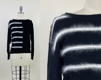 Vintage 1980s Black Knit White Stripe Angora Sweater / Vintage 80s Black Pullover Sweater