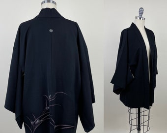 Vintage Black Silk Crepe Haori Kimono Robe Coat