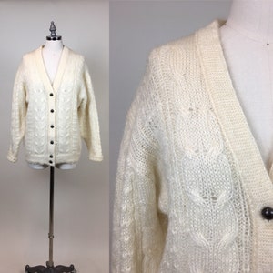 Vintage 80s Mohair Cable Knit Cardigan: Oversized Winter White Nordstrom Sweater