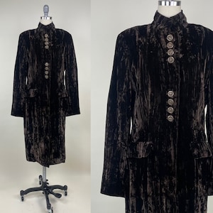 Abrigo glamuroso midi de terciopelo arrugado marrón oscuro vintage de los años 70 / Chaqueta midi de los años 70