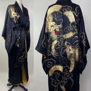 Vintage 1930s 1940s Black Silk Gold Embroidered Dragon Dragons Japanese Kimono Robe