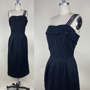 Vintage 1950s Black Lace Rhinestone Cocktail Party Evening Dress / 50s Holiday Sweetheart Sleeveless Off Shoulder Dress
