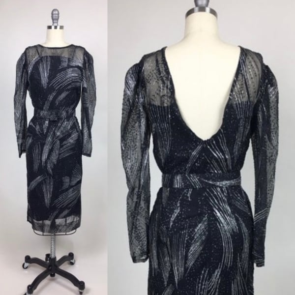 Vintage 1980s Sparkly Glitter Sheer Chiffon Black Evening Body Con Disco Dress / 80s Black Formal Party Dress
