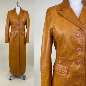 Halt Vintage Italienisch Tawny Camel Braun Leder Maxi Damen Mantel / 80er 90er Jahre Damen Lange Trench Overcoat Jacket