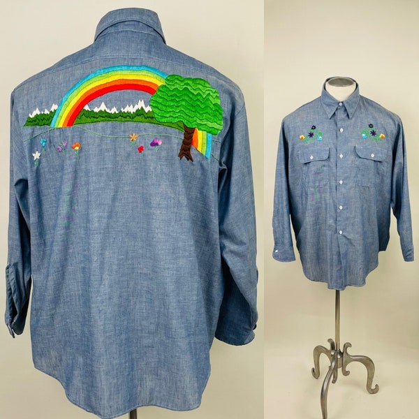 Vintage 1970s Big Mac Hippie Embroidery Rainbow Chambray Shirt / 70s Embroidered Denim Work Shirt Long Sleeve Oxford / Size - XXXL 3X