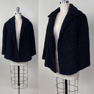 Vintage 1950s Faux Black Lambswool Fur Short Swing Fancy Evening Coat