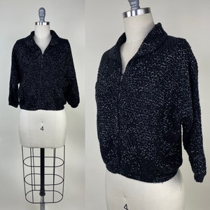 Vintage 1950s 1960s Black Beaded Sequin Sequined Short Cardigan Sweater / Doreen Hong Kong