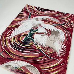 Vintage 1940s White Egrets Birds Barkcloth Fabric / 40s Tropical Barkcloth Pillow Upholstery